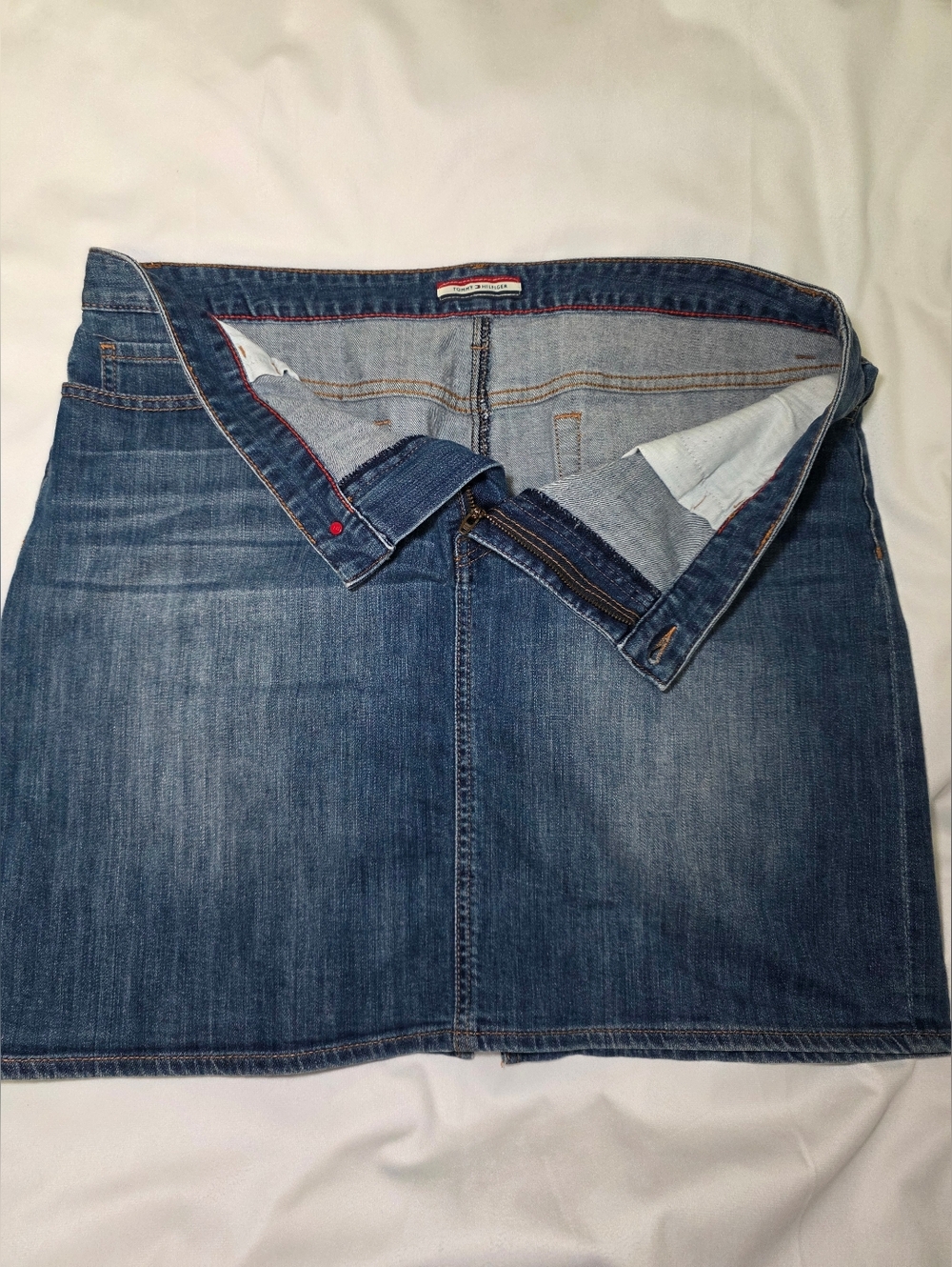 Tommy Hilfiger Denim Blue Jean Mini Skirt Y2K Flag Logo - Size 16